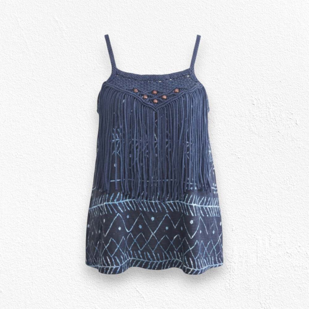 Denim & Supply Ralph Lauren Blue Aztec Boho Macrame Fringe Tank Top Size Large